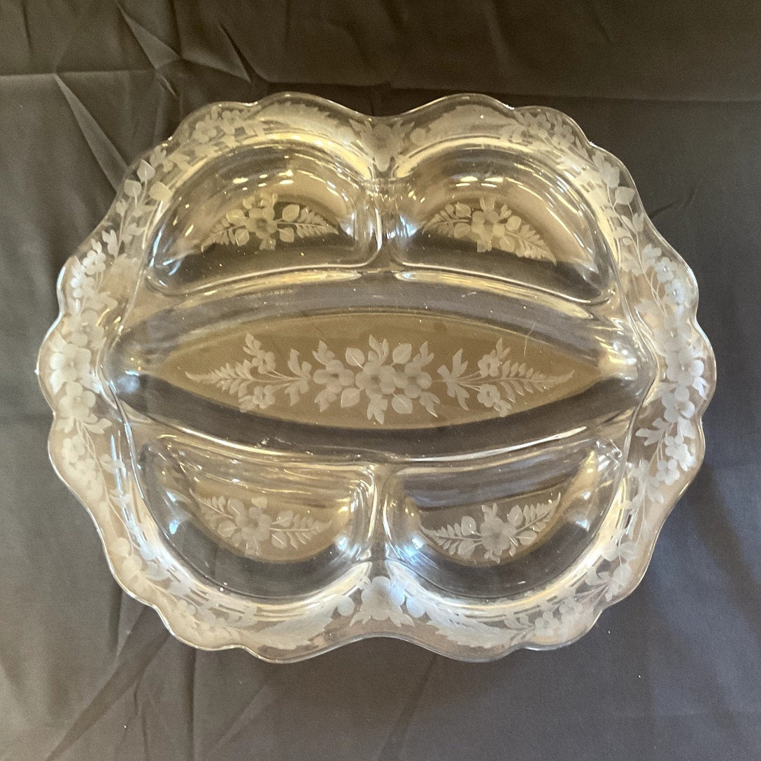 Vintage Cambridge Wildflower Etched Glass Divided Relish Dish