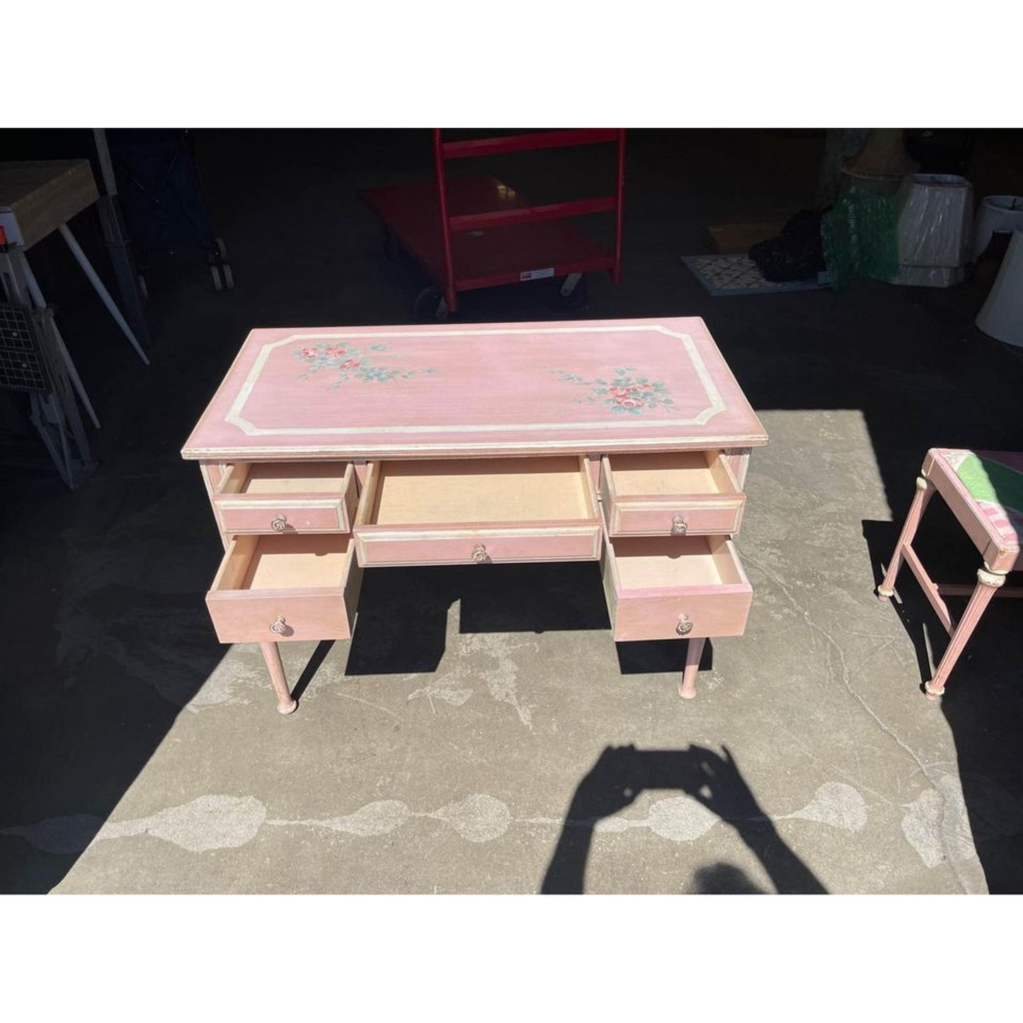 Vintage Ladies 5 Drawer Desk - Painted with Floral Design