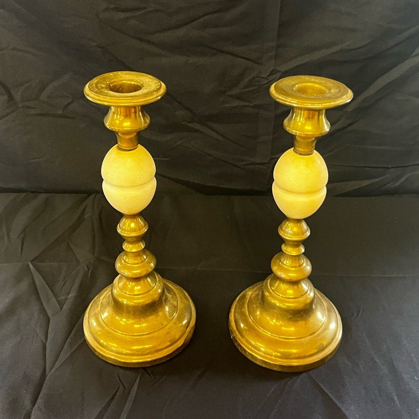 Antique Stone & Brass Candlesticks - Pair