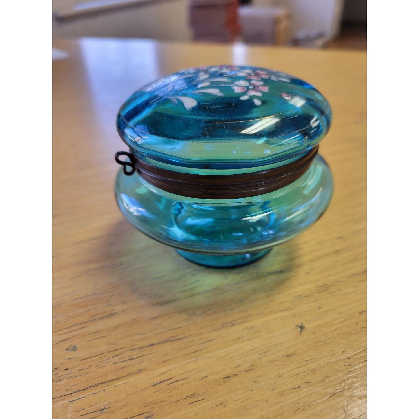 Antique French Enameled Blue Glass Hinged Trinket Jar