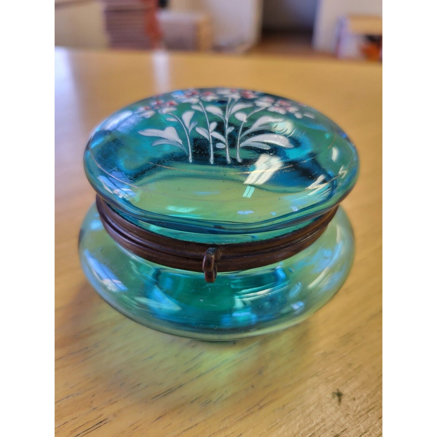 Antique French Enameled Blue Glass Hinged Trinket Jar