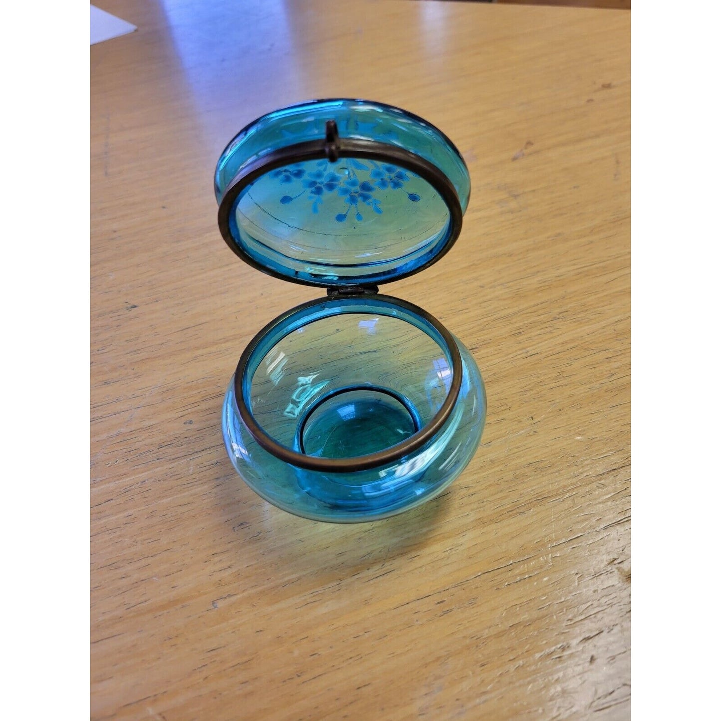 Antique French Enameled Blue Glass Hinged Trinket Jar