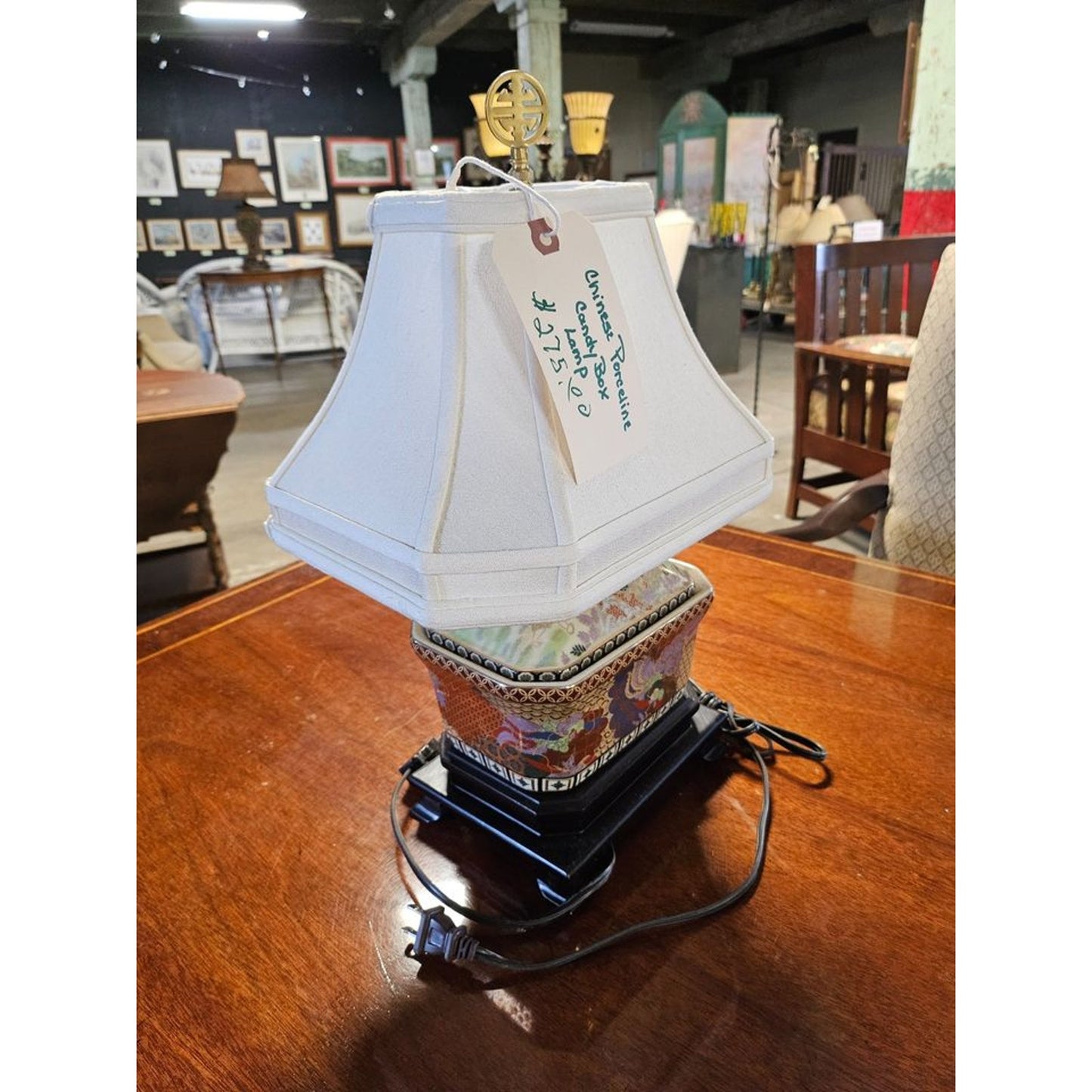 Vintage Hand Painted Porcelain Chinese Candy Box Lamp