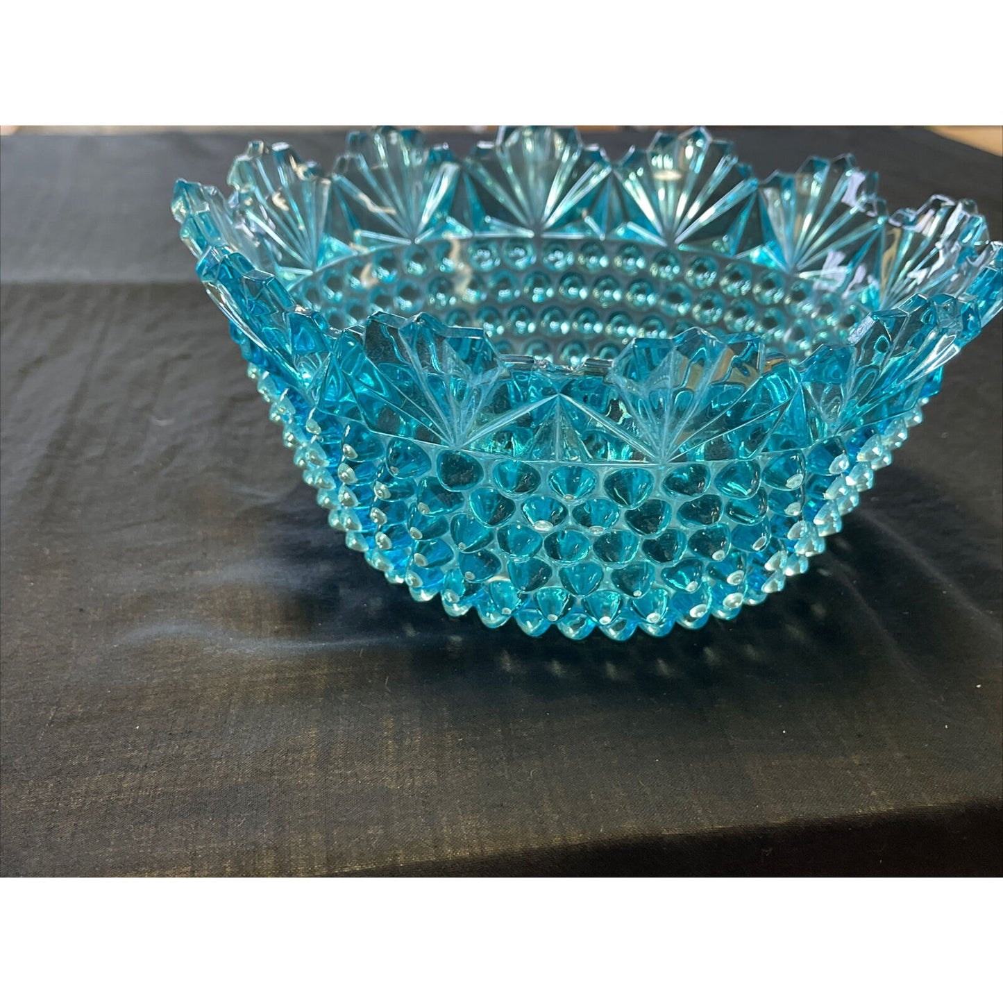 Vintage Imperial Hobnail Blue Glass Bowl with Scalloped Fan Shaped Rim