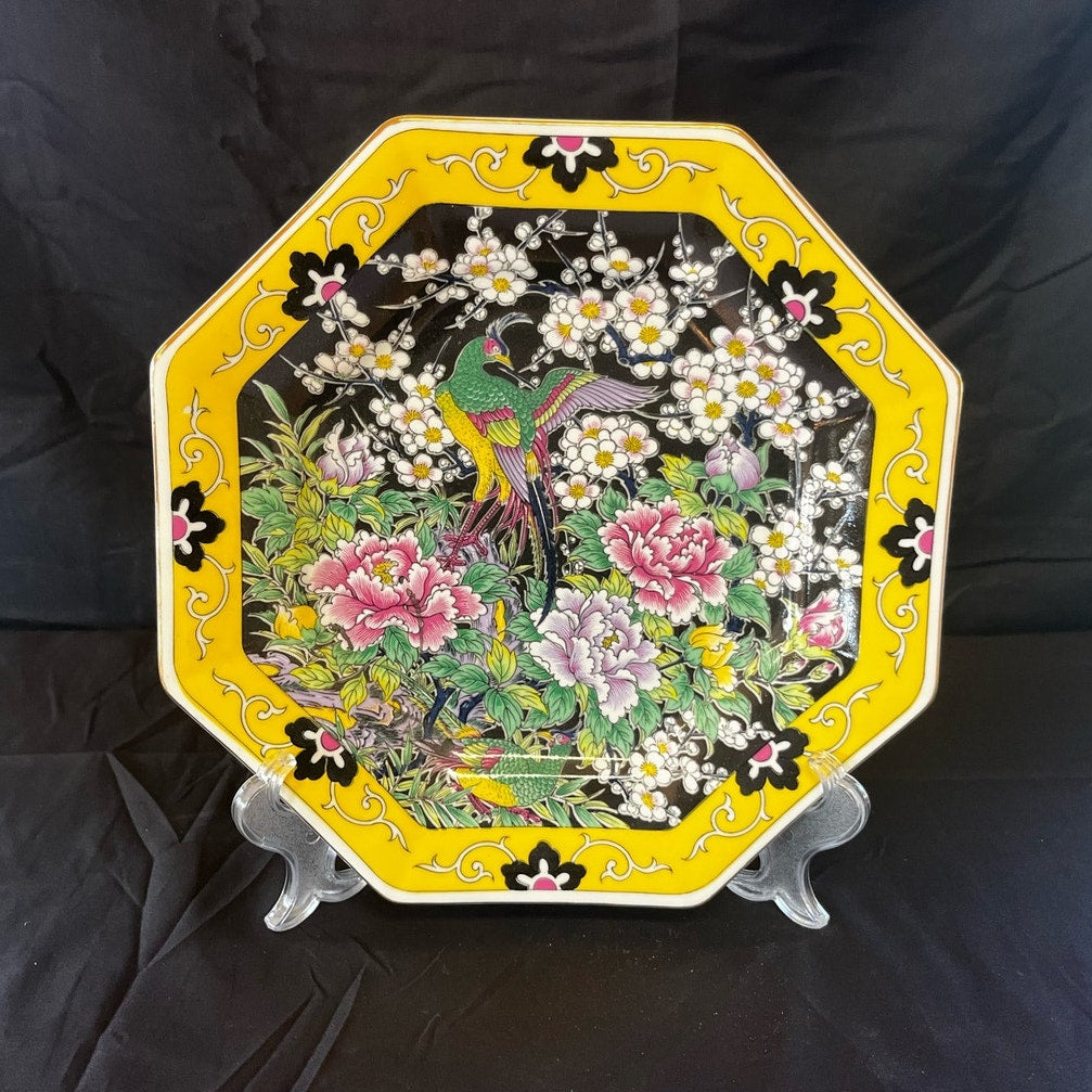 Vintage Japanese Porcelain Bird & Flowers Octagonal Plate by Eiwa Kinsei