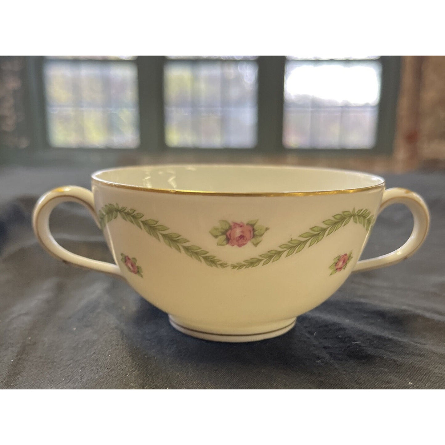 L.B King Gilded with Ivy/Rose Pattern Cream Soup or Bullion Cup & Saucer