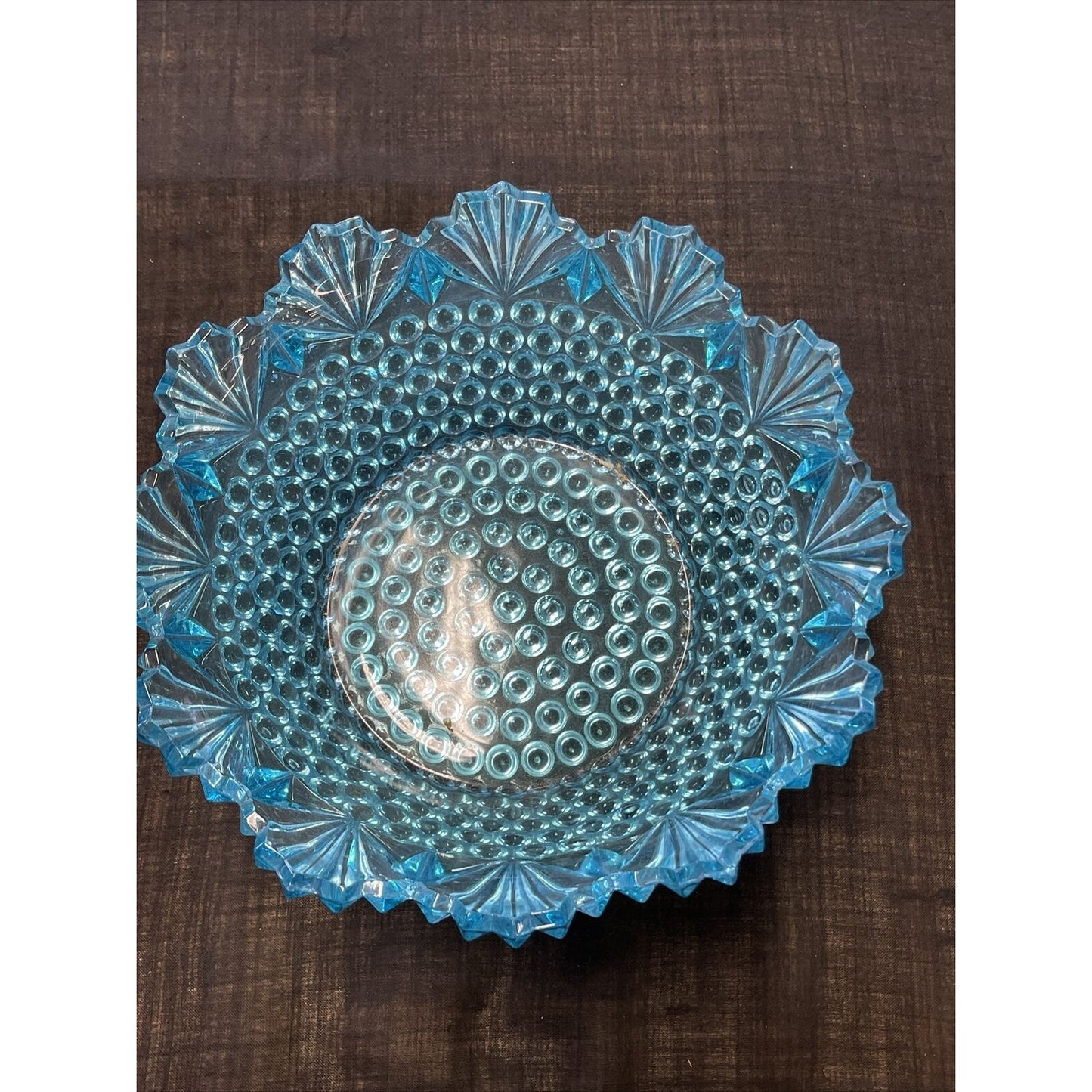 Vintage Imperial Hobnail Blue Glass Bowl with Scalloped Fan Shaped Rim