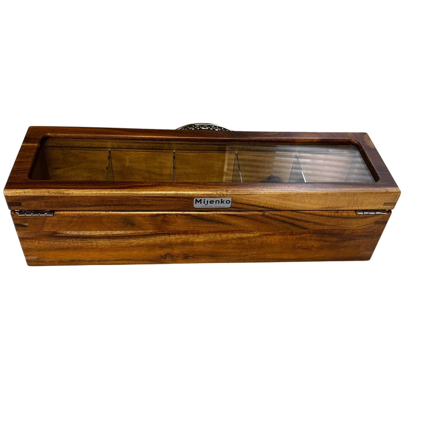 Mijenko Acacia Wood 4 Compartment Tea Chest-Glass Lid-Silver Accents🎁Gift-Ready