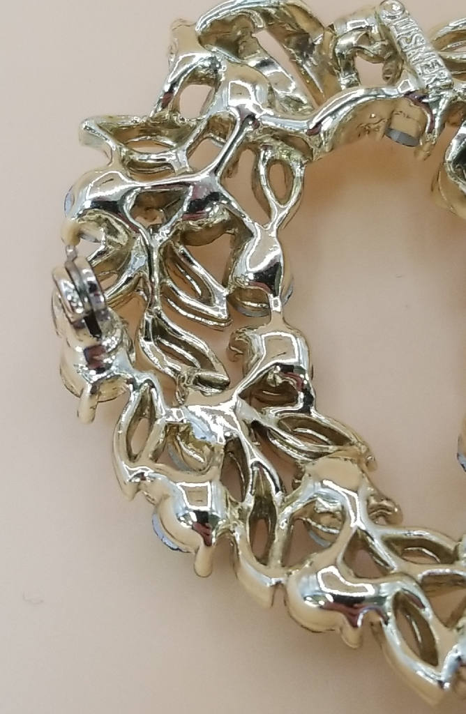 Stunning Vintage Silver Tone Wreath Brooch with Green and Blue Rhinestones