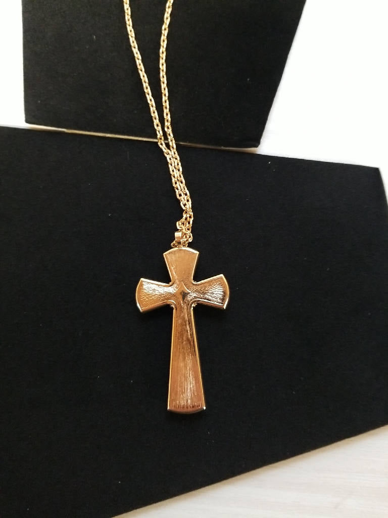 Stunning Vintage Gold Tone Cross Necklace with Cream Enamel Pendant