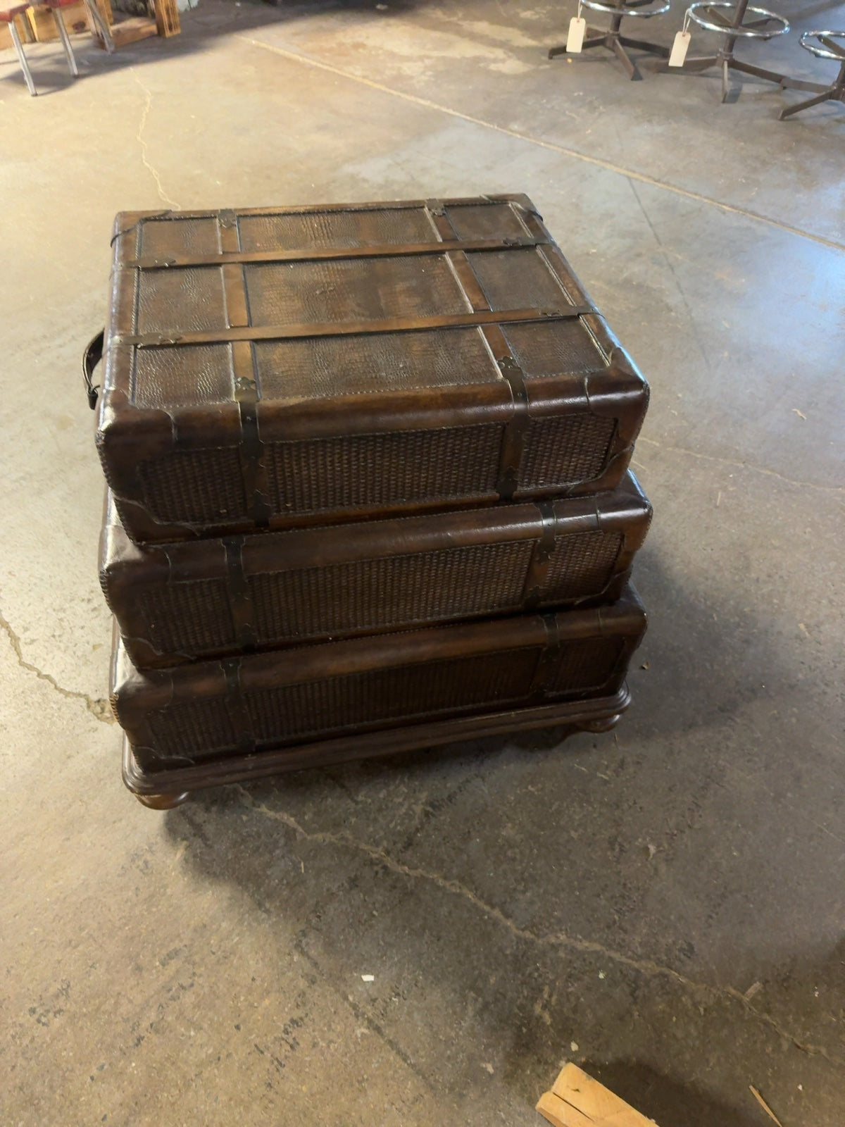 Haverty's Stacked Trunk Style 3-Drawer End Table Woven Rattan & Leather