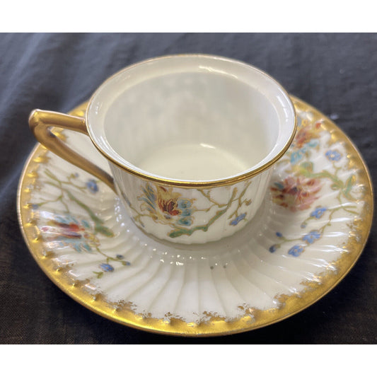 Antique Marx & Gutherz Floral & Gilded Demitasse Cup and Saucer circa 1876-1889