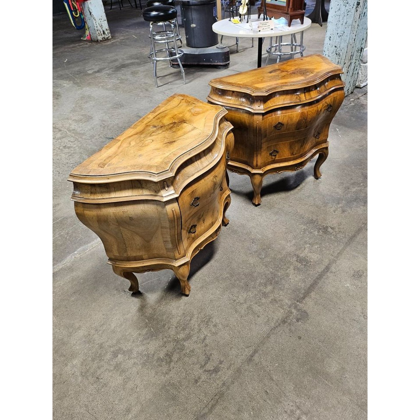 Pair of Vintage Italian Parquet Burl Wood Bombe Style Two Drawer Chests