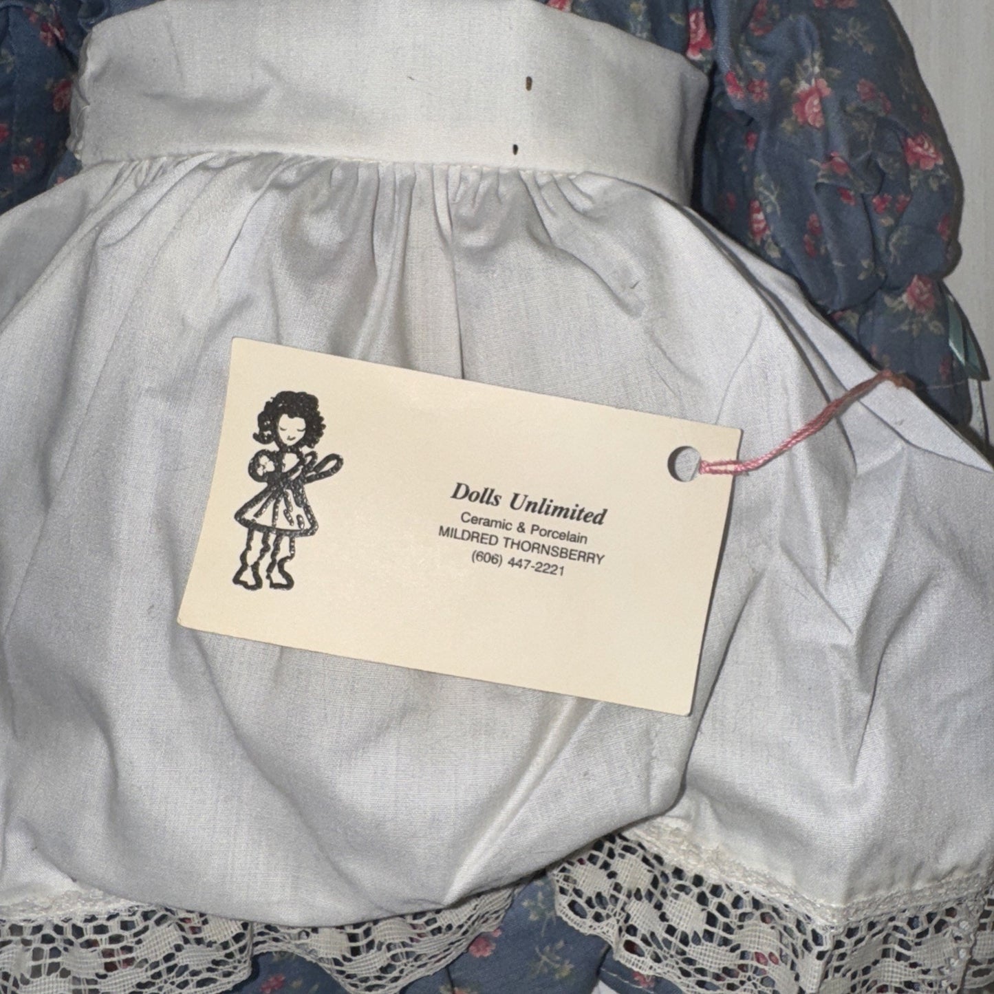Porcelain Cat Doll VTG 22" White Handmade Gray Floral Dress by Dolls Unlimited