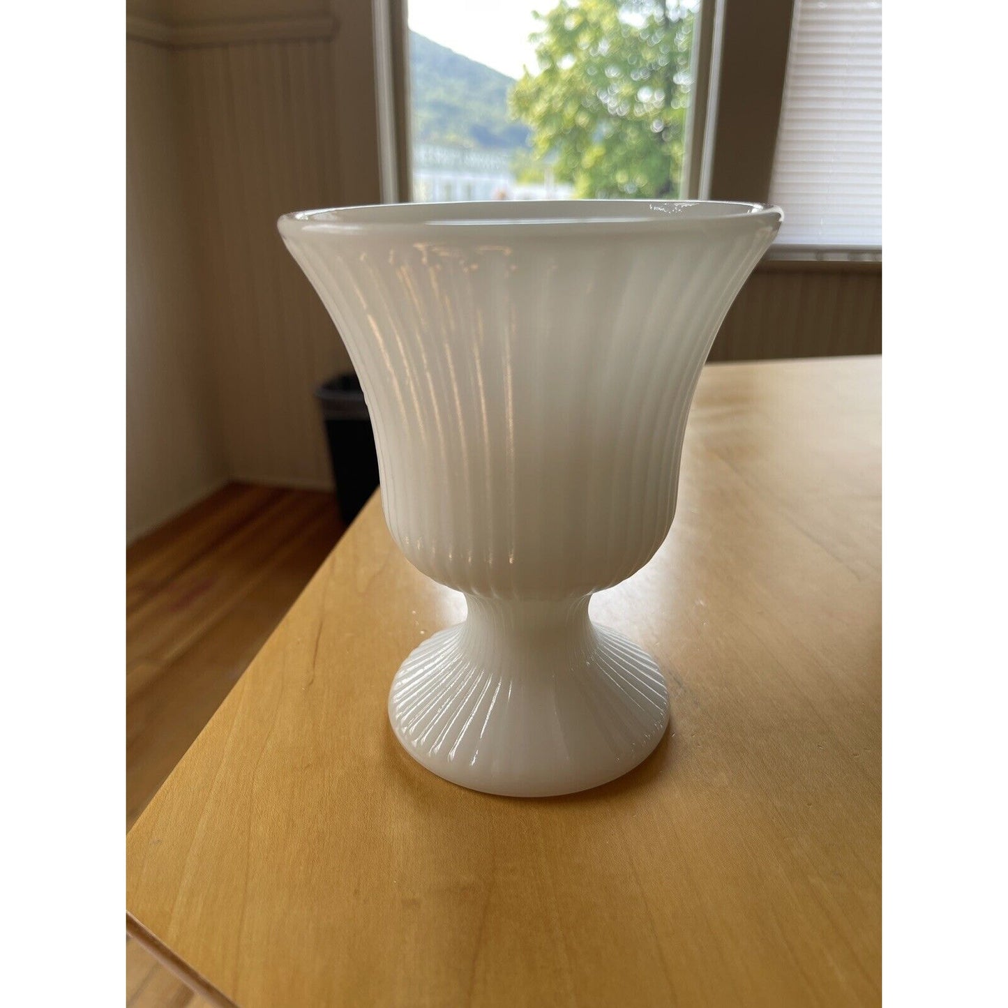 1960's E & O Brody White Milk Glass Ribbed Pedestal Vase M7000