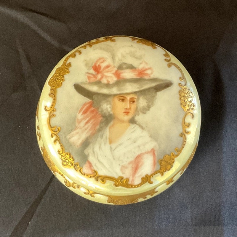 Antique Yellow T&V Limoges Hand Painted Portrait Powder Jar