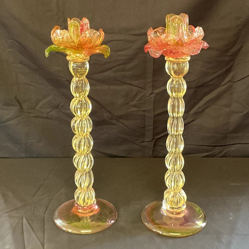 Vintage Venetian Blown Glass Floriform Candle Holders - Pair