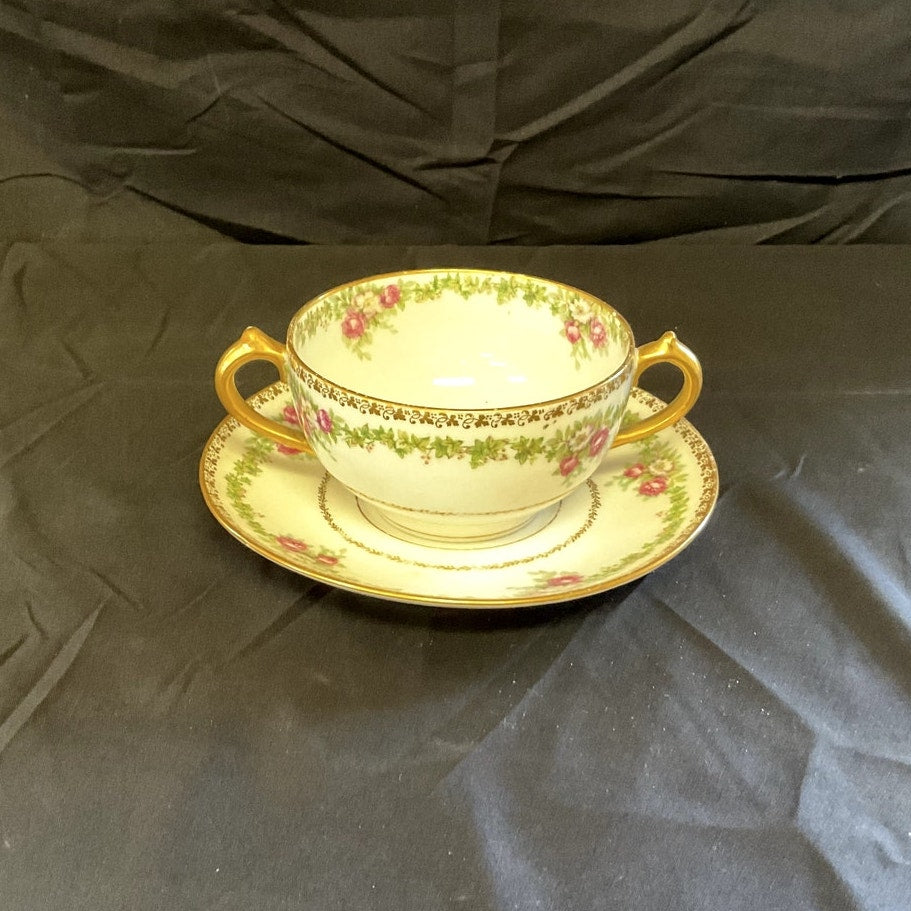 GDA Limoges Gilded w/ Ivy/Rose Pattern Bouillon Cup & Saucer