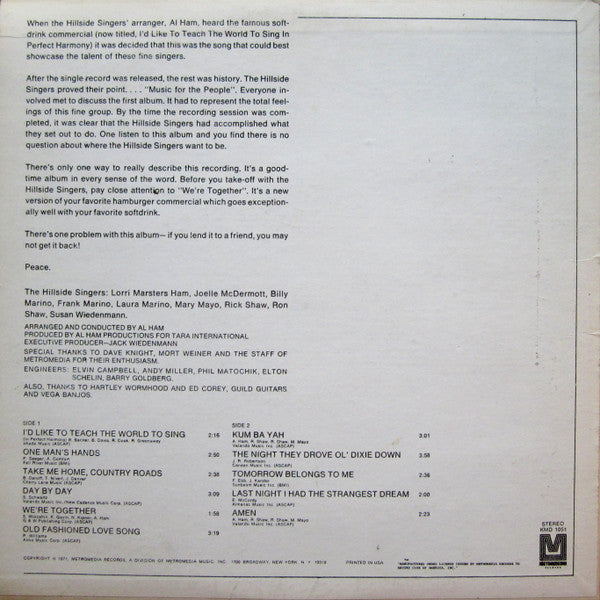 The Hillside Singers : I'd Like To Teach The World To Sing (LP,Album,Club Edition)
