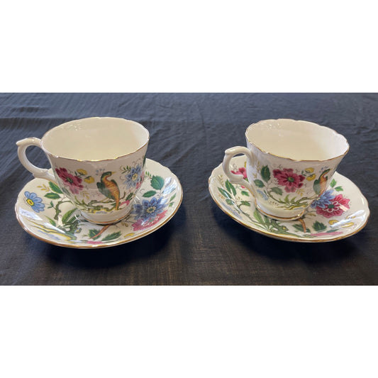 Vintage Set of 2 Crown Staffordshire Exotic Bird Coffee Cup and Saucer