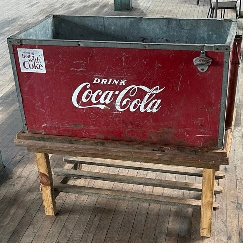 Upcycled  Bar/ Table Vintage Coca Cola Cooler with Wooden Stand and Slass Top