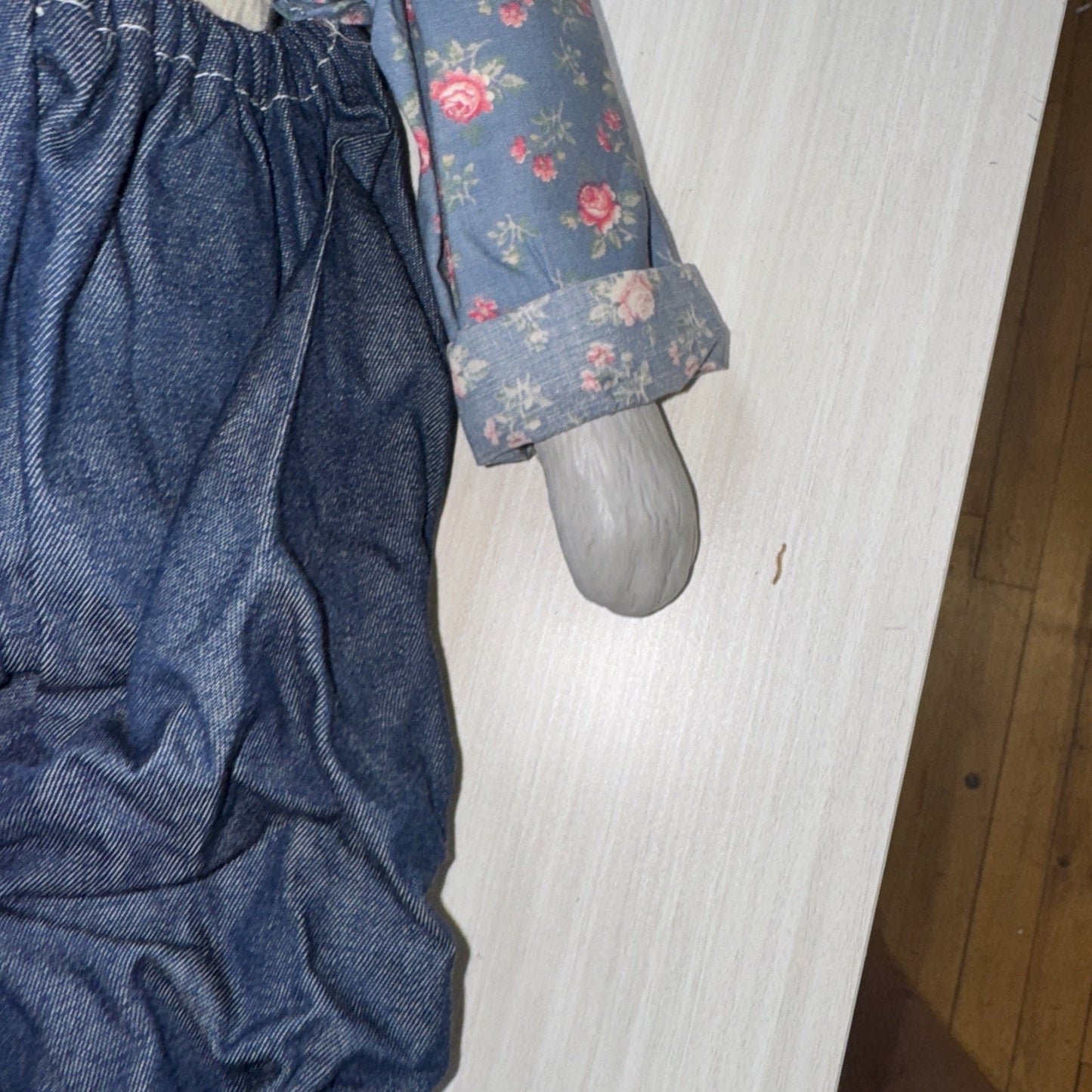 Porcelain Cat Doll VTG 22" Male Green Eyes Gray Floral Shirt Denim Jeans