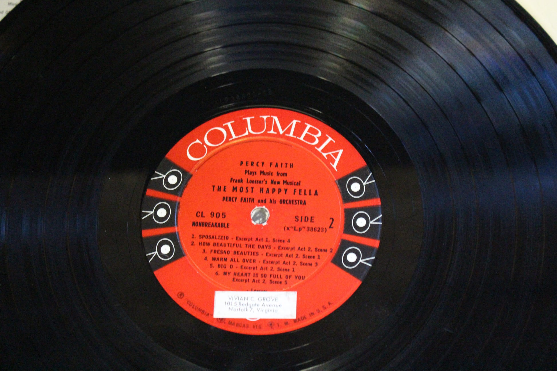 Percy Faith : Percy Faith Plays Music From Frank Loesser's Musical The Most Happy Fella (LP)