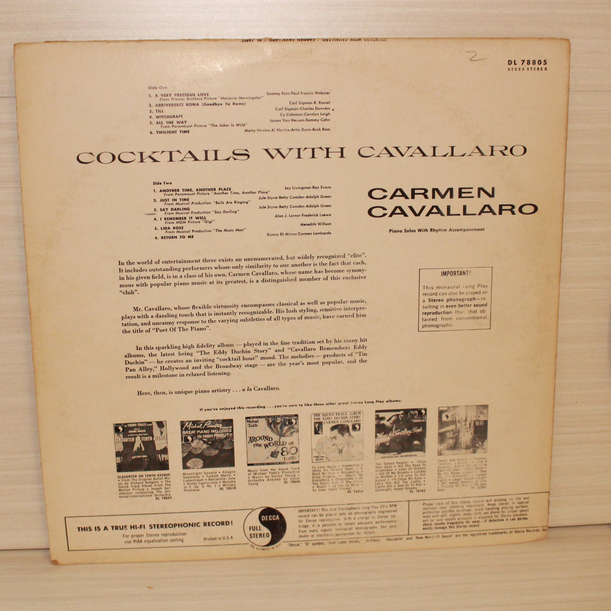 Carmen Cavallaro : Cocktails With Cavallaro (LP,Album,Mono)