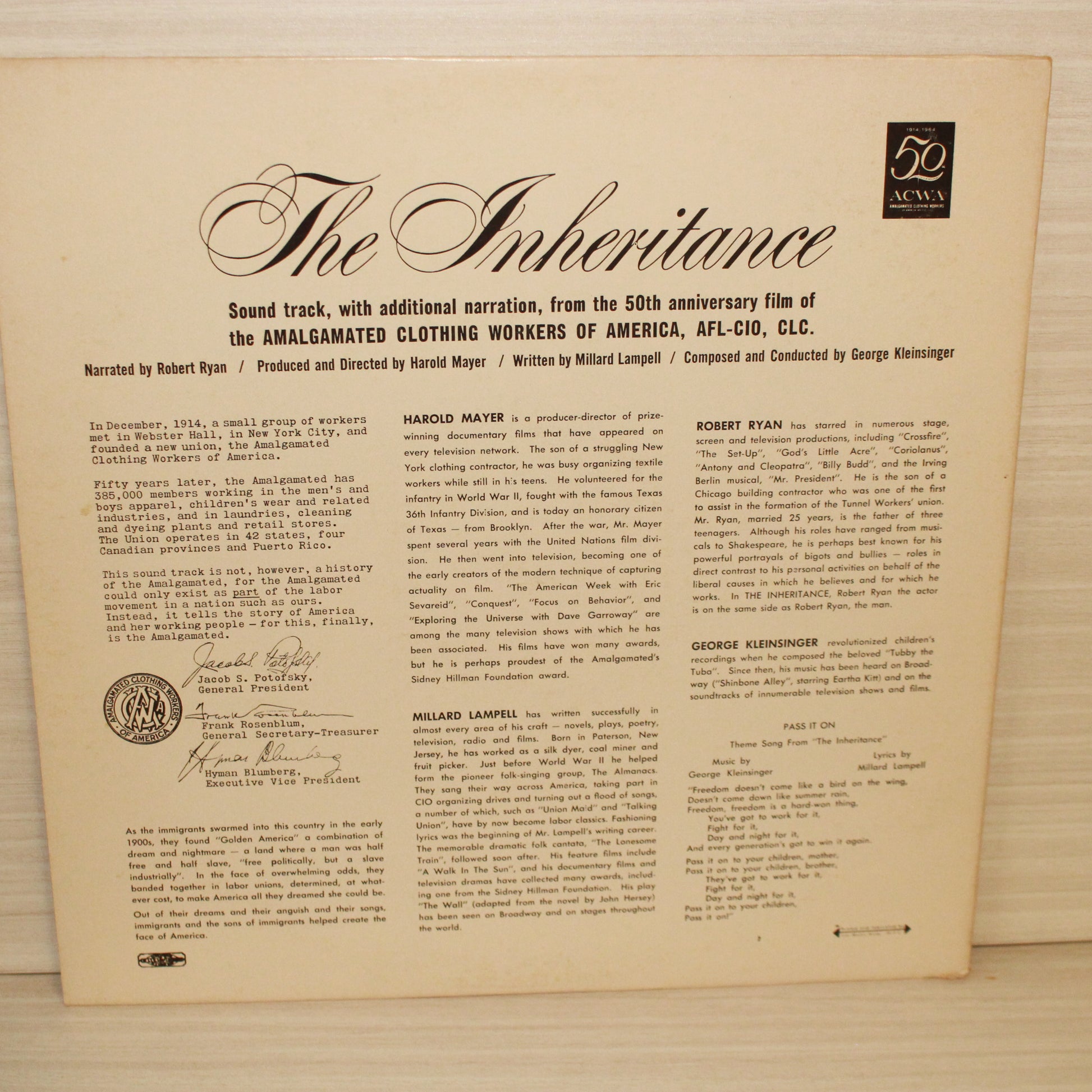 Robert Ryan, George Kleinsinger : The Inheritance: From The Film Sound Track With Additional Narration (LP,Mono)