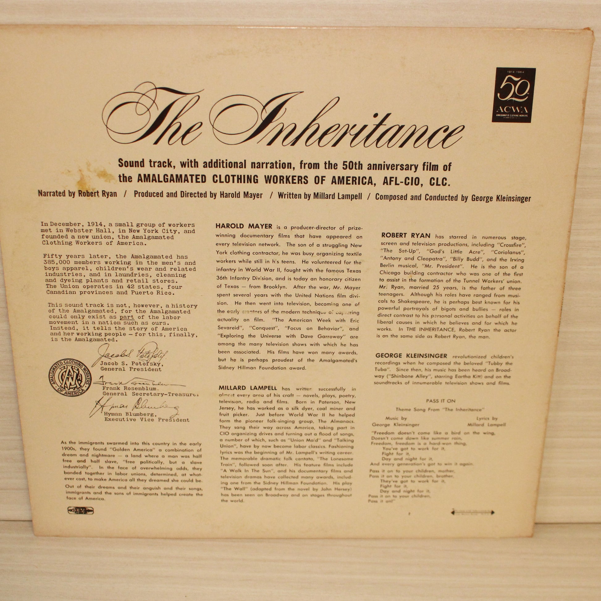 Robert Ryan, George Kleinsinger : The Inheritance: From The Film Sound Track With Additional Narration (LP,Mono)
