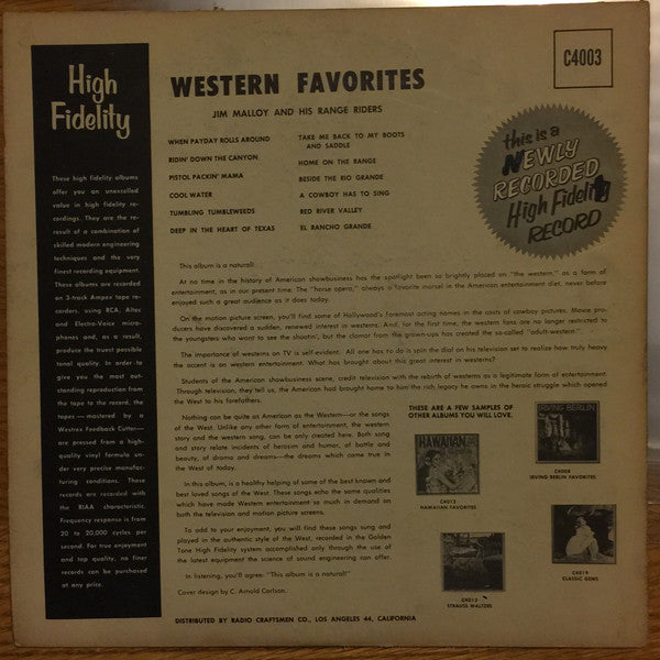 Jim Malloy And His The Range Riders : Western Favorites (LP)