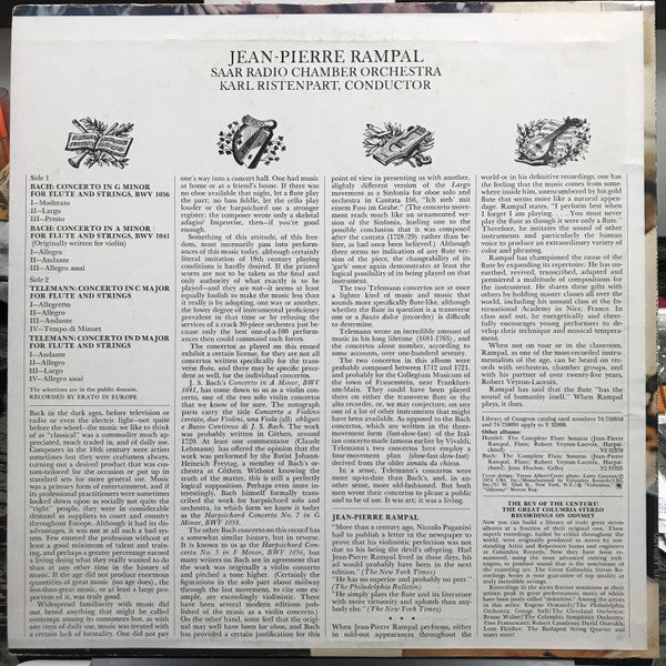 Jean-Pierre Rampal, Bach* / Telemann* : Saar Radio Chamber Orchestra*, Karl Ristenpart : Flute Concertos In G Minor And A Minor / Flute Concertos In C Major And D Major (LP, Album)