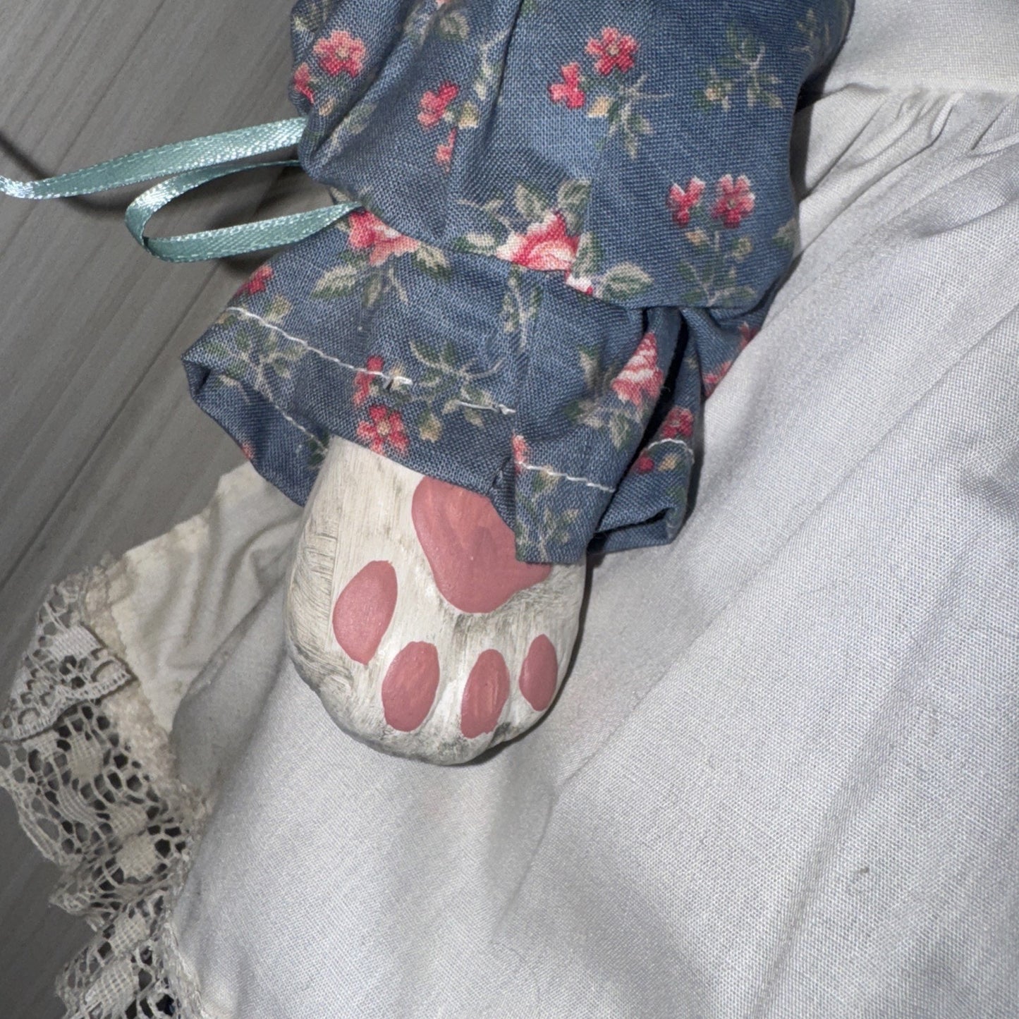 Porcelain Cat Doll VTG 22" White Handmade Gray Floral Dress by Dolls Unlimited
