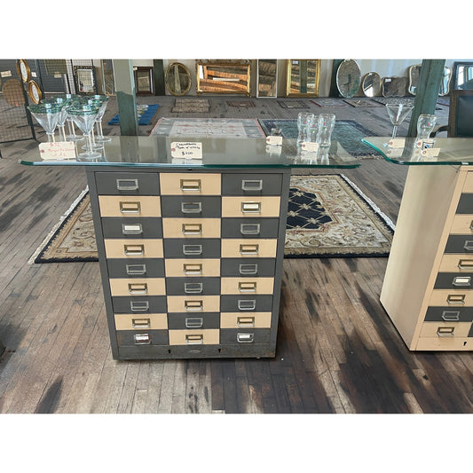 Upcycled Bar - Cole 27 Drawer File Cabinet on Wheels with Glass Top