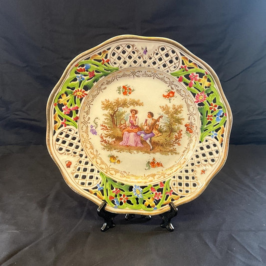 Vintage Reticulated Lattice Courting Couple Porcelain Dish