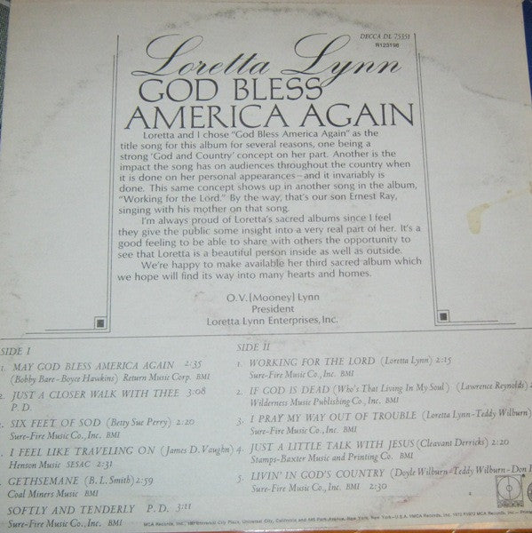 Loretta Lynn : God Bless America Again (LP,Album,Club Edition)