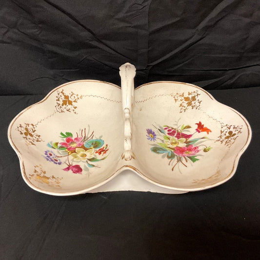 Vintage Porcelain Two Compartment Handled Relish Serving Dish