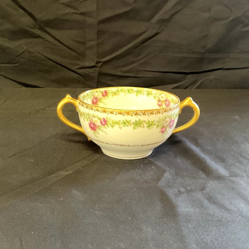 GDA Limoges Gilded w/ Ivy/Rose Pattern Bouillon Cup & Saucer