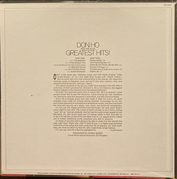 Don Ho And The Aliis : Don Ho's Greatest Hits (LP,Compilation,Stereo)