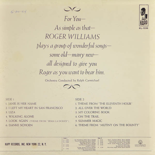 Roger Williams (2) : For You (LP,Mono)