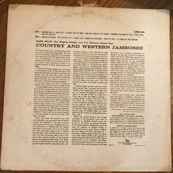 Hank Snow And His Rainbow Ranch Boys : Country & Western Jamboree (LP,Album,Mono)