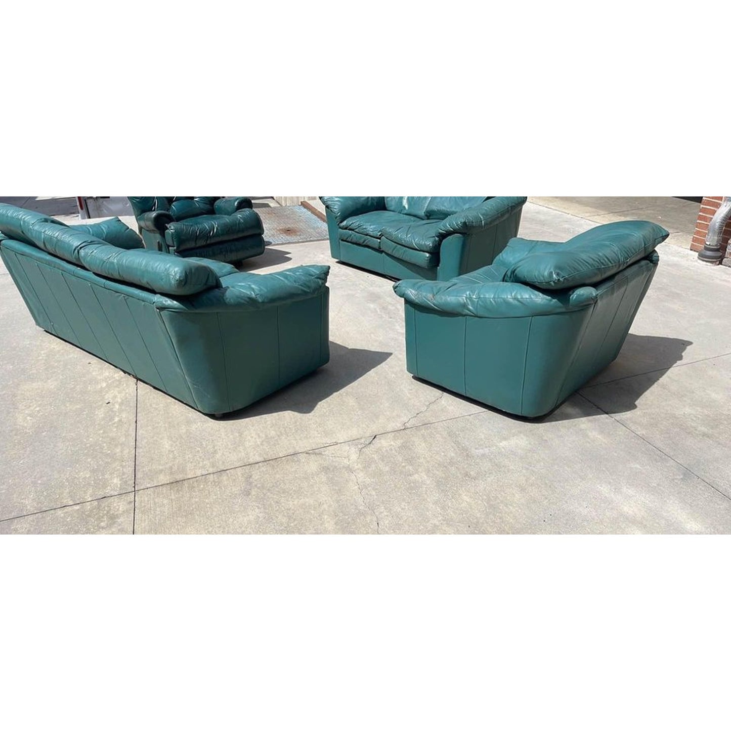 Four Piece Green Leather Living Room Sofa Loveseat And Chairs Set