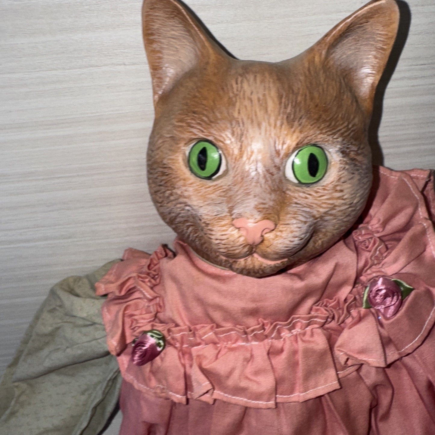 Porcelain Cat Doll VTG 22" Brown Female Green Eyes Pink Dress Clean Unique