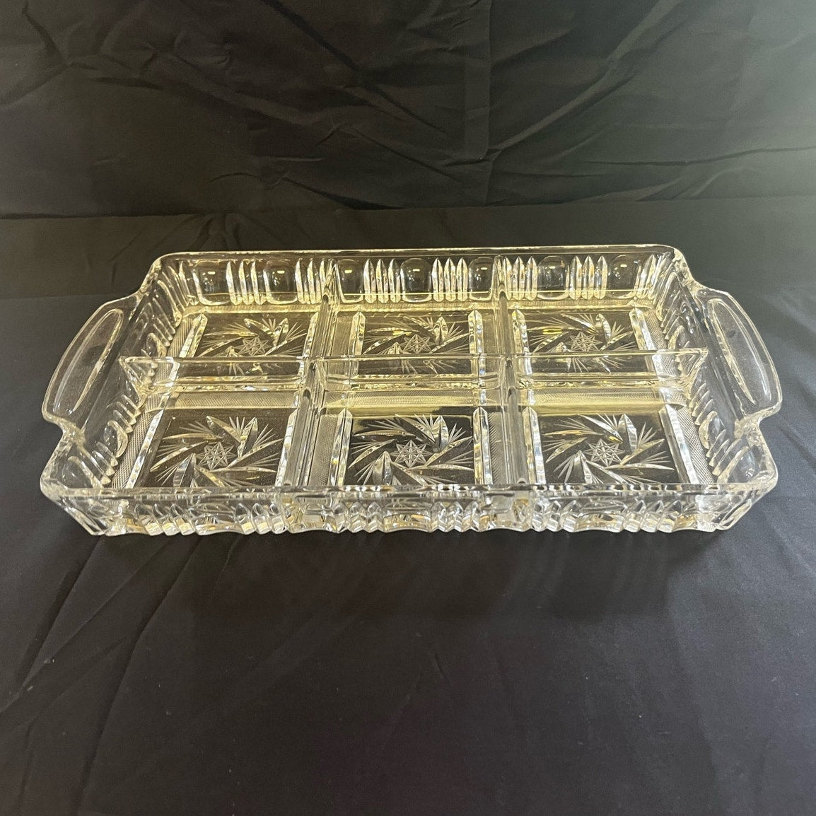 Unique Vintage Crystal Six Part Serving Platter w/ Handles