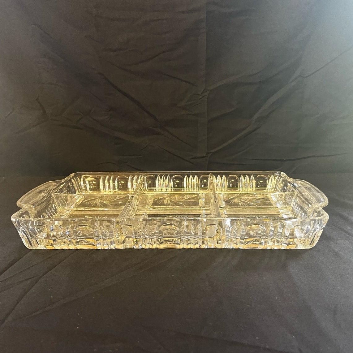 Unique Vintage Crystal Six Part Serving Platter w/ Handles