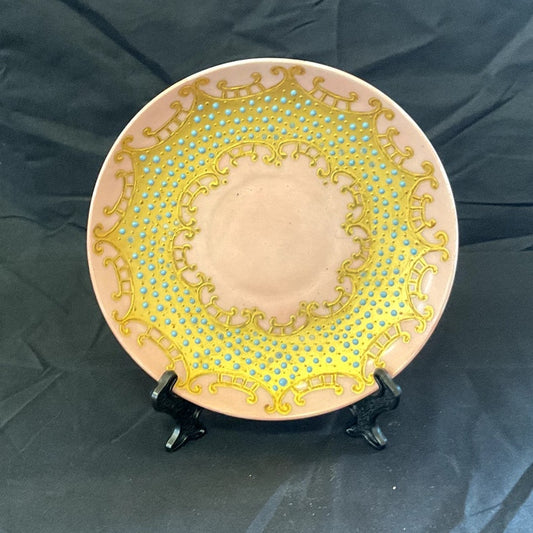 Antique D&C Raised Gold & Raised Enamel Dots Pink Saucer circa 1875