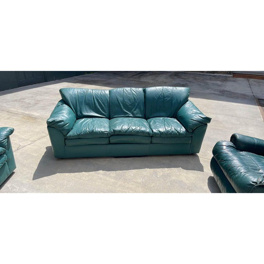 Four Piece Green Leather Living Room Sofa Loveseat And Chairs Set