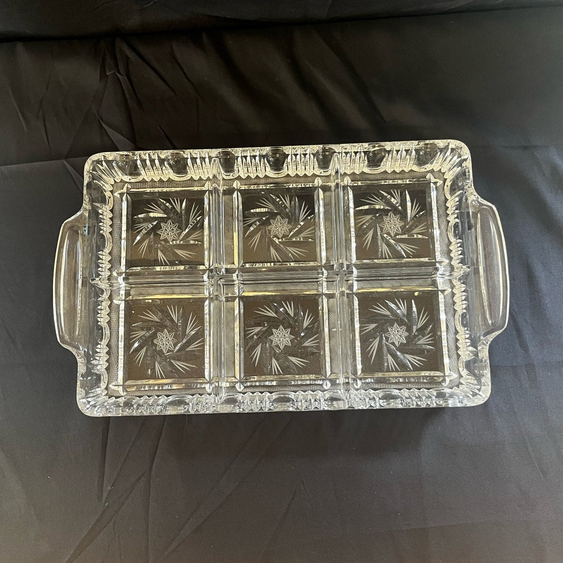 Unique Vintage Crystal Six Part Serving Platter w/ Handles