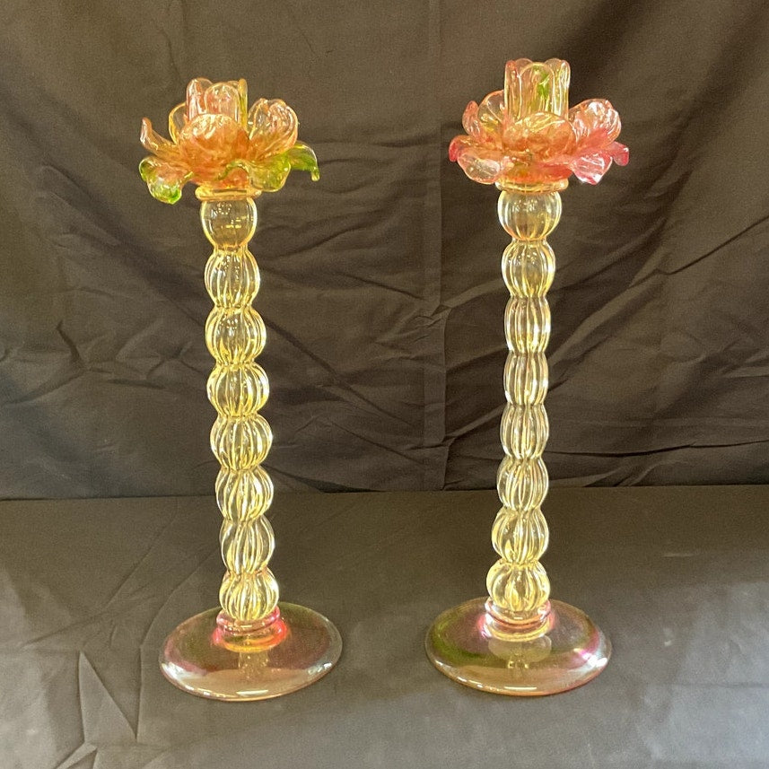 Vintage Venetian Blown Glass Floriform Candle Holders - Pair