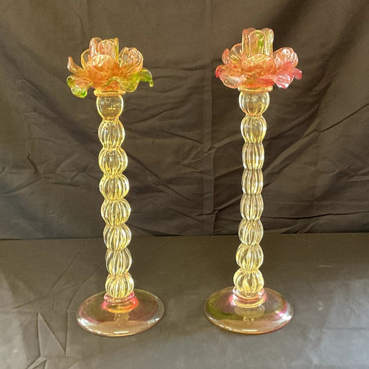 Vintage Venetian Blown Glass Floriform Candle Holders - Pair
